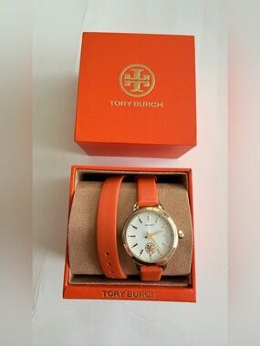 Tory Burch Orange Leather Strap Gold-Tone Watch